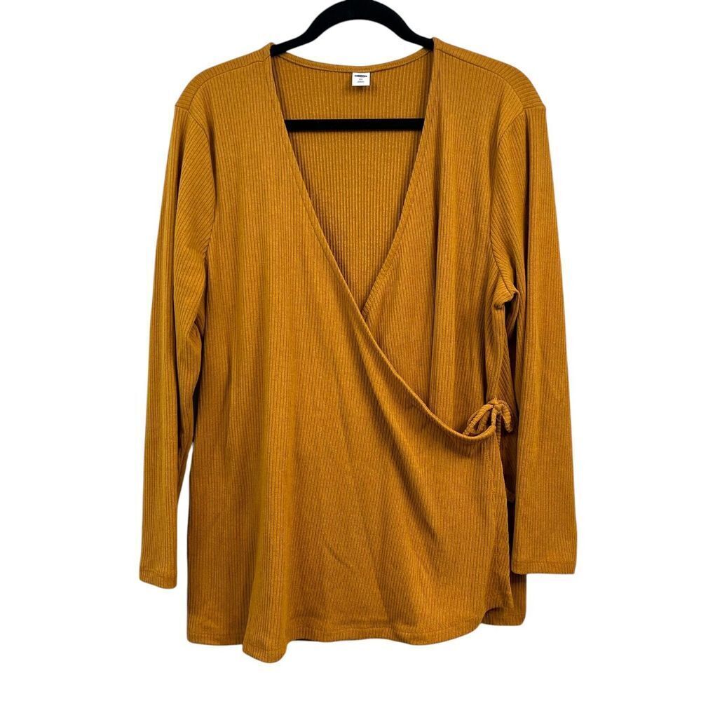 Old Navy Womens Sweater Wrap Plunge V Neck Stretch Ribbed Tie Waist Mustard XXL*